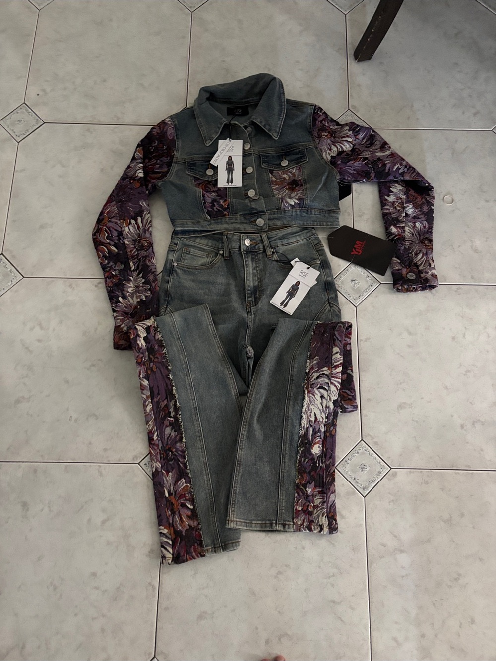High-Rise Gray Denim Jeans with Purple Floral Side Panels
